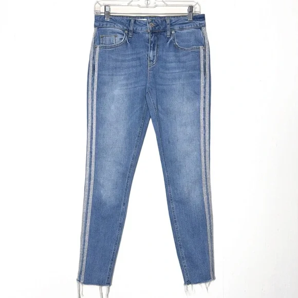 Anthropologie Shimmer Metallic Silver Racer Side Stripe Fringe Hem Cropped Jeans - Picture 2 of 15